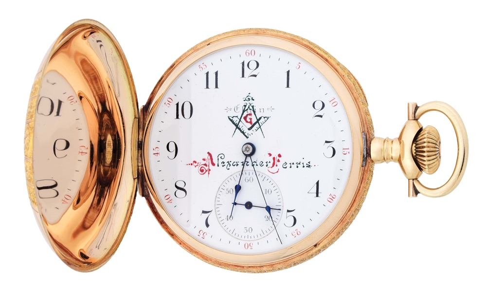 RARE AND UNUSUAL 14K GOLD ELGIN MULTI-COLOR H/C POCKET WATCH NAMED WITH MASONIC SYMBOL ON DIAL.