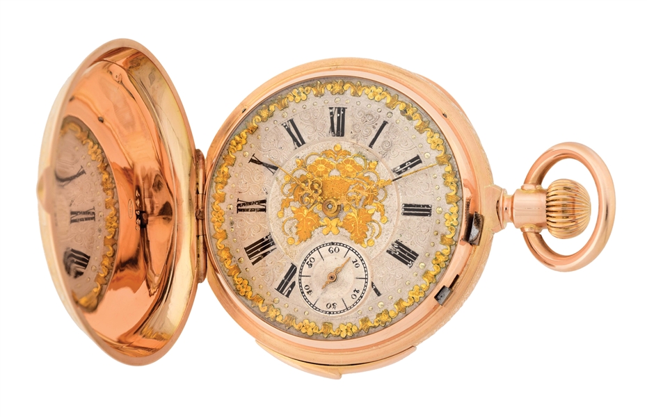 FINE 18K PINK GOLD MONTANDON, SWISS MINUTE REPEATER H/C POCKET WATCH W/ORNATE SILVER ENGRAVED DIAL. 