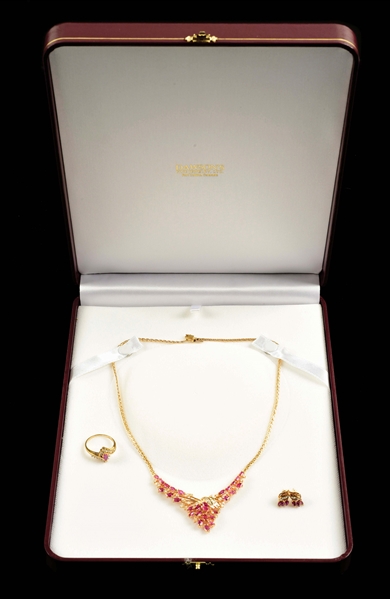 LOT OF 3: 14K GOLD RUBY & DIAMOND NECKLACE, EARINGS, AND RING SET.