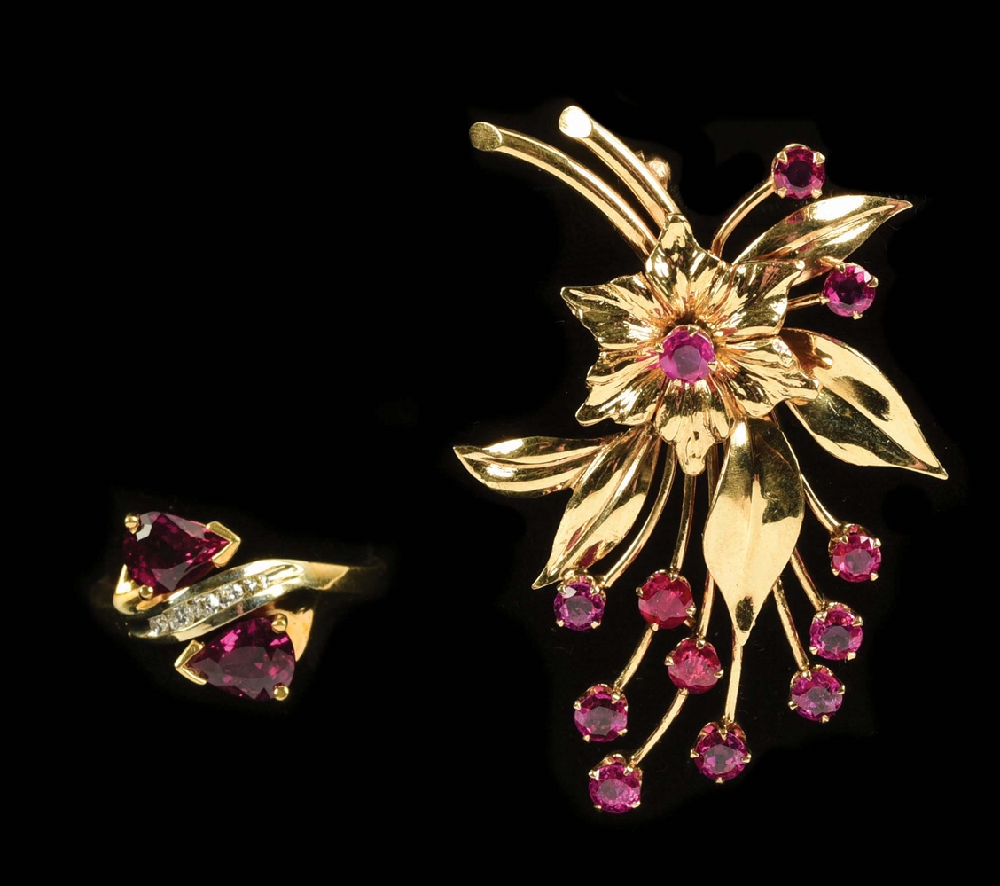 LOT OF 2: 14K GOLD TIFFANY RUBY BROOCH AND RING. 