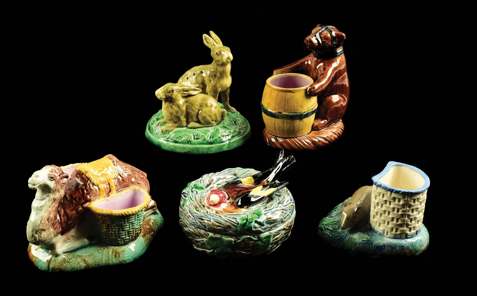 LOT OF 5: EARLY MAJOLICA CHINA ANIMAL PIECES. 