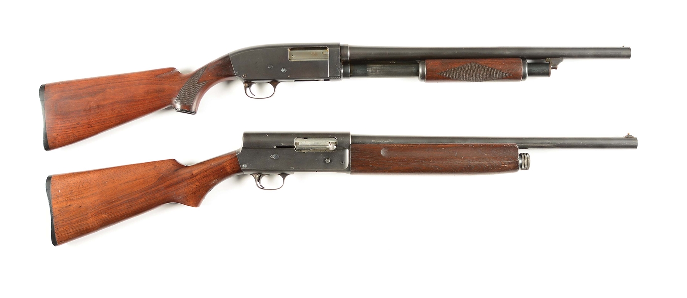 (C) LOT OF 2: MARTIALLY MARKED STEVENS AND SAVAGE SHOTGUNS.