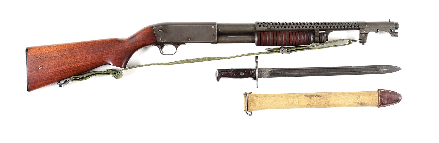 (C) ITHACA 37 TRENCH STYLE SLIDE ACTION SHOTGUN WITH BAYONET.
