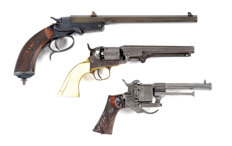 (A) LOT OF 3: STOEGER SINGLE SHOT PISTOL PISTOL TOGETHER WITH COLT 1849 POCKET AND LEFAUCHEUX REVOLVERS.