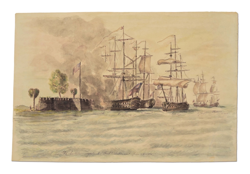 1776 BATTLE OF SULLIVANS ISLAND WATERCOLOR, ATTRIBUTED TO JAMES PEALE