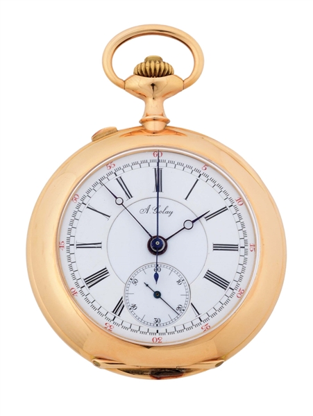 18K GOLD A. GOLAY, SWISS SPLIT-SECOND RATTRAPANTE CHRONOGRAPH O/F POCKET WATCH.