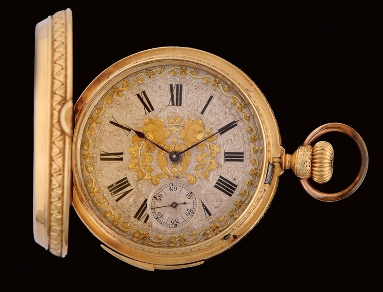 18K GOLD ORNATE MINUTE REPEATER H/C SWISS POCKET WATCH. 