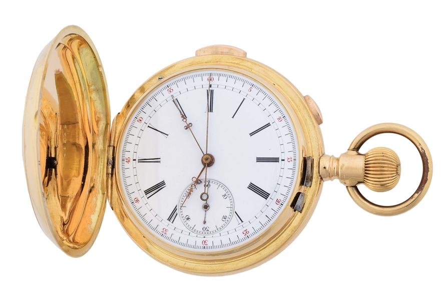 18K GOLD HENRY SANDOZ, LOCLE, SWISS MINUTE REPEATING CHRONOGRAPH H/C POCKET WATCH.