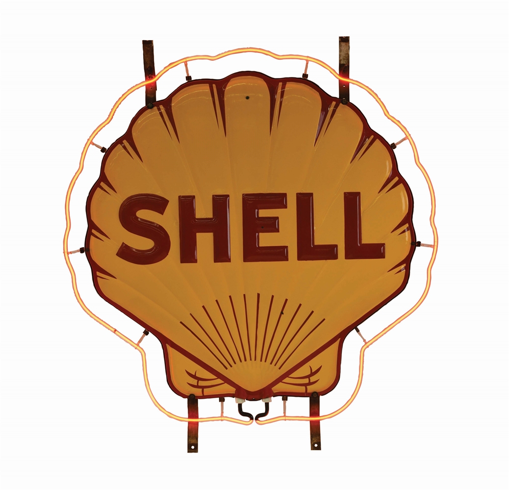 OUTSTANDING SHELL GASOLINE TWO PIECE PORCELAIN NEON SIGN. 