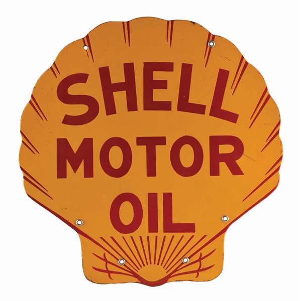 SHELL MOTOR OIL DIE-CUT PORCELAIN CURB SIGN.