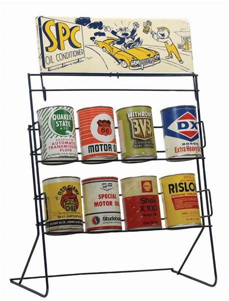 SPC OIL CONDITIONER RACK W/ TIN SIGN & EIGHT ONE QUART CANS.