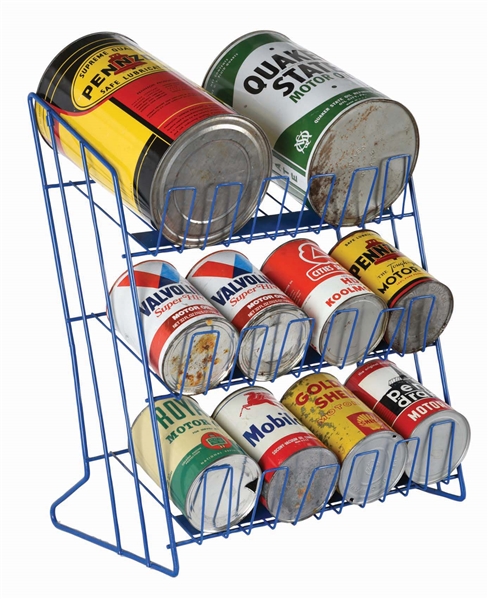METAL MOTOR OIL CAN RACK W/ ONE & FIVE QUART CANS. 