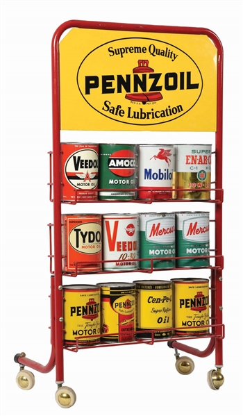 PENNZOIL MOTOR OIL ONE QUART CAN RACK W/ TIN MARQUEE SIGN. 