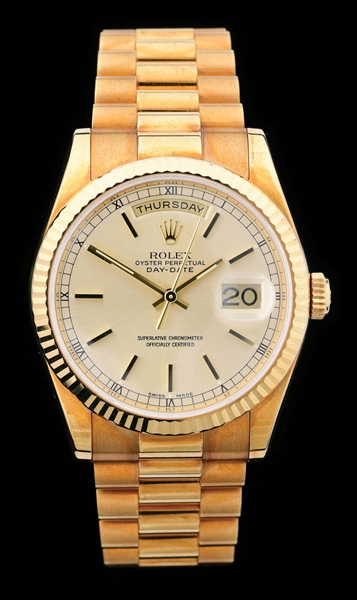 MENS 18K GOLD ROLEX PRESIDENT DAY-DATE CHAMPAGNE INDEX DIAL, REF. 118238 FULL SET W/B&P.