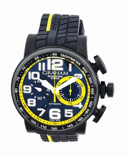 MENS GRAHAM AUTOMATIC SILVERSTONE STOWE CLASSIC BLACK STAINLESS STEEL WRISTWATCH, REF. 2BLDC W/B&P. .