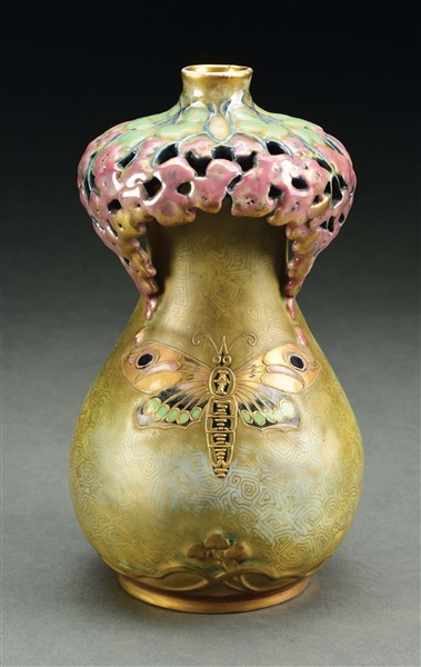 AMPHORA BUTTERFLY VASE WITH RETICULATED FLORAL TOP.