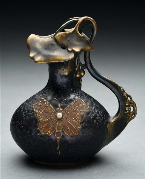 AMPHORA GINKO PITCHER WITH APPIED JEWELED BUTTERFLY.