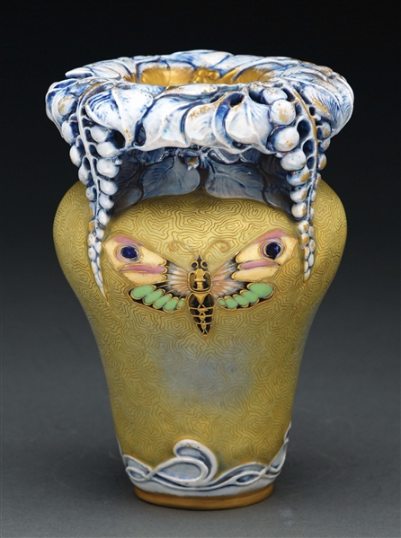 AMPHORA ENAMELED BUTTERFLY AND RETICULATED FLORAL TOP VASE WITH SECESSTIONIST DECORATION.