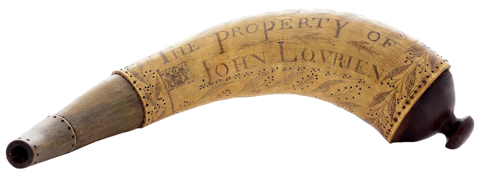 FOLK ART POWDER ENGRAVED POWDER HORN INSCRIBED "THE PROPERTY OF JOHN LOVRIEN".