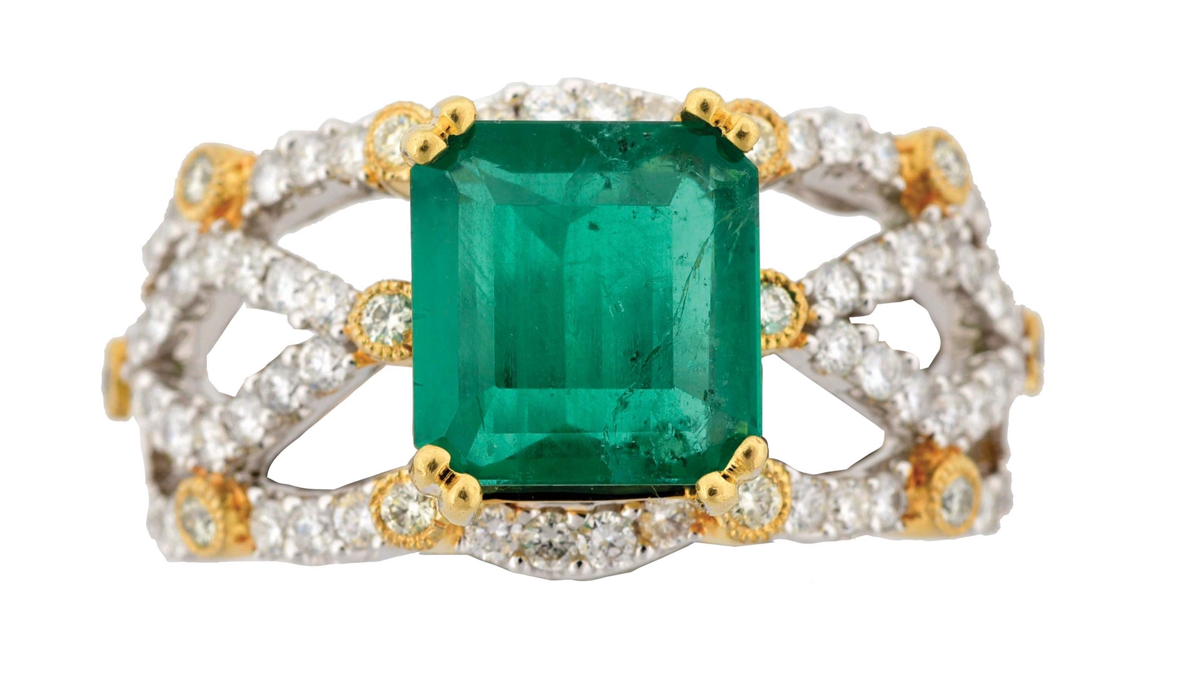 LADYS 18K TWO-TONE GOLD EMERALD AND DIAMOND RING WITH APPRAISAL.