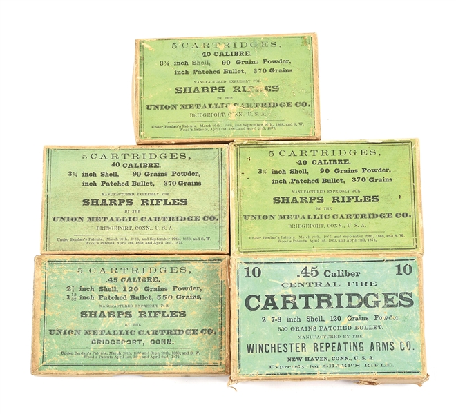 LOT OF FIVE: THREE BOXES OF .40 CALIBER SHARPS AND TWO BOXES OF .45 CALIBER SHARPS.