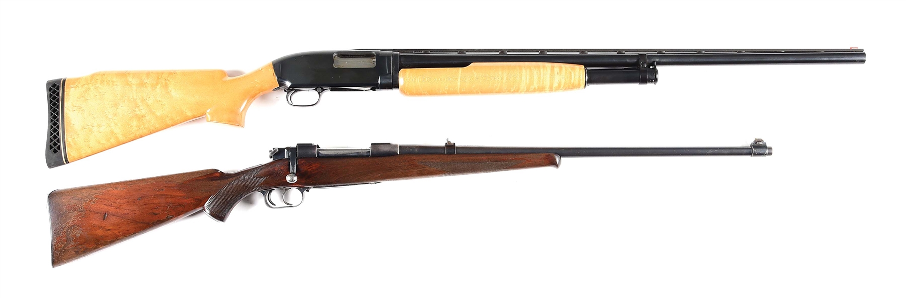 (M) LOT OF TWO: WINCHESTER MODEL 12 SLIDE ACTION SHOTGUN TOGETHER WITH A NEWTON HIGH POWER RIFLE.