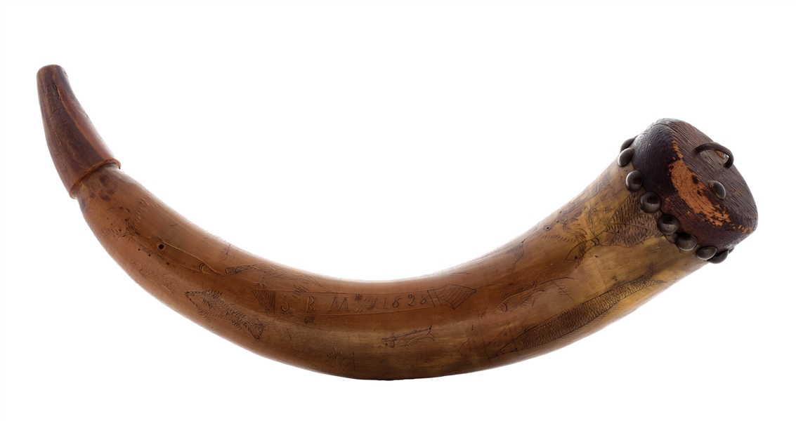 TACK DECORATED POWDER HORN WITH HUNTING AND FISHING GAME SCENES AND MARKED "S.R.M. 1828".