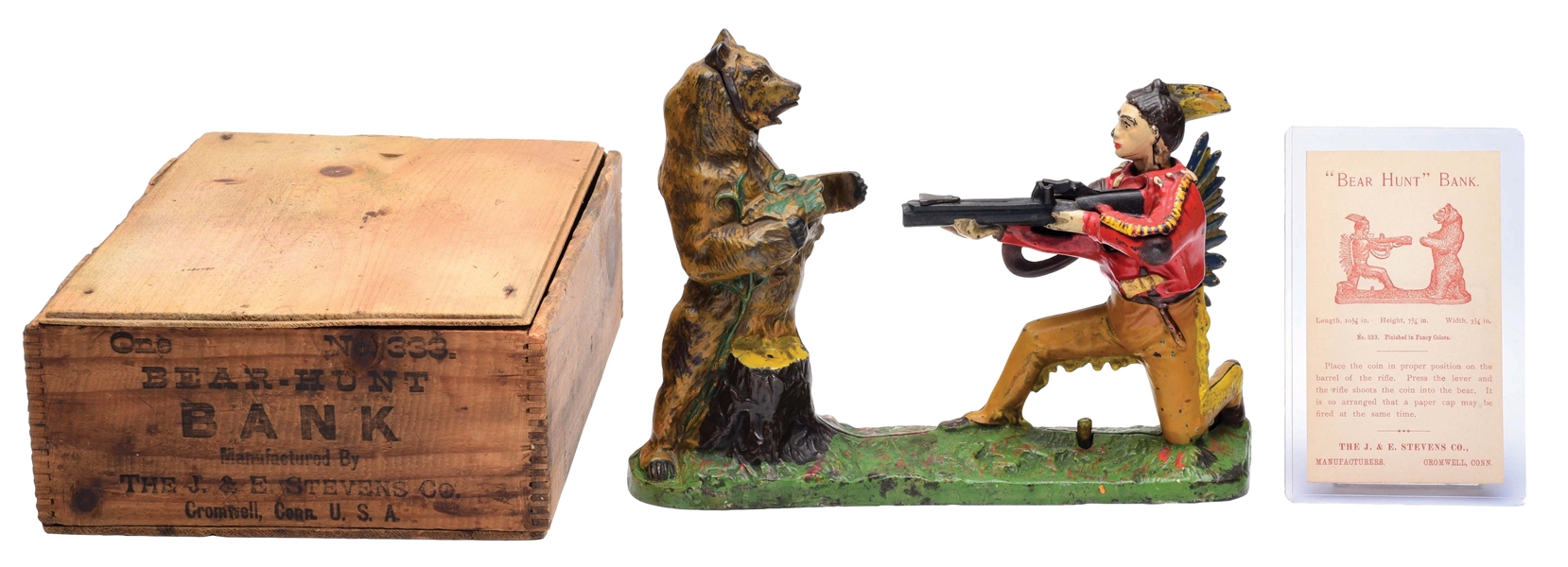 INDIAN AND BEAR MECHANICAL BANK WITH BOX AND CARD.