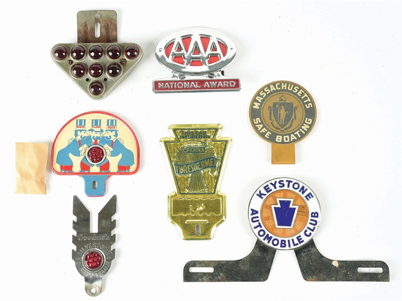 LOT OF 7: AUTOMOTIVE & MOTOR OIL LICENSE PLATE TOPPERS & ATTACHMENTS. 