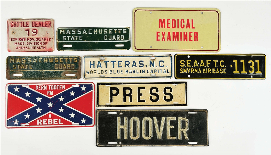 LOT OF 9: OCCUPATION RELATED TIN LICENSE PLATE TOPPERS. 