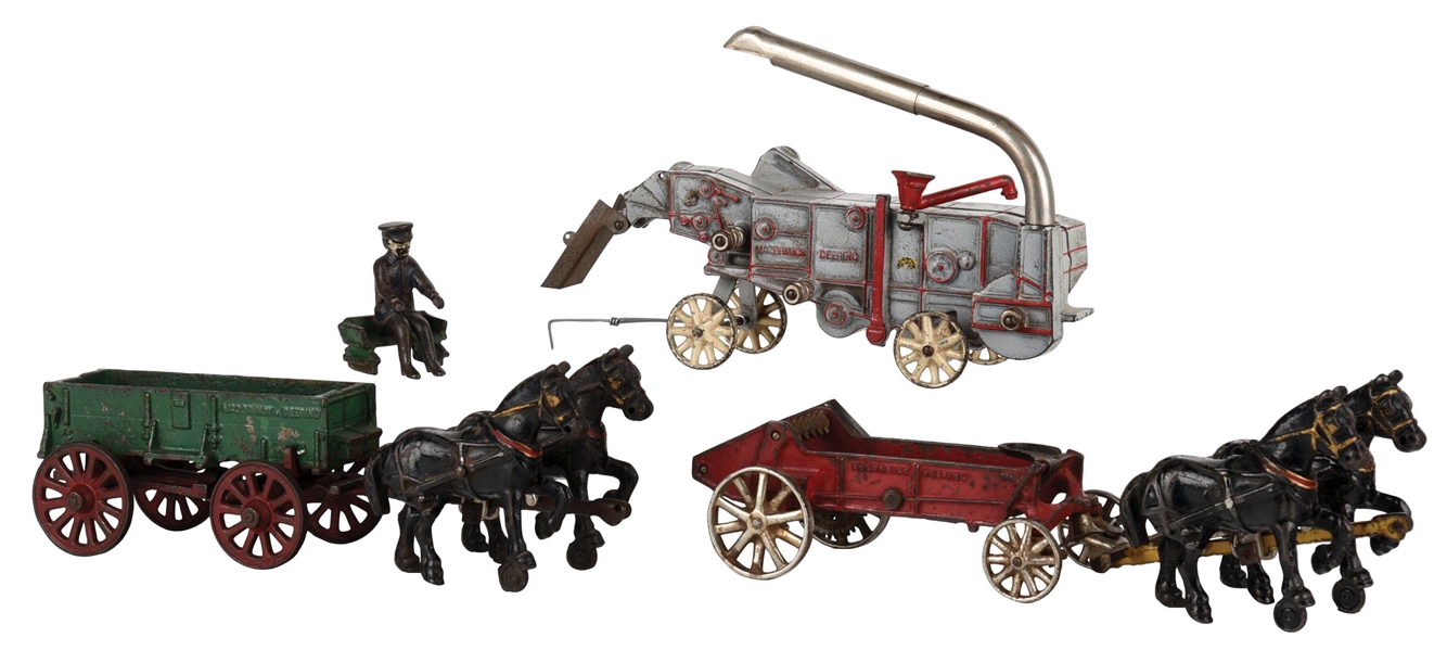 LOT OF 3: CAST-IRON ARCADE HORSE-DRAWN AND FARM TOYS.