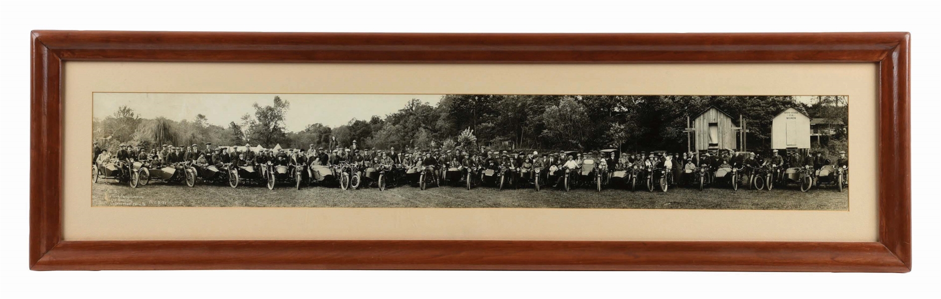 FRAMED YARDLONG PHOTO OF CIRCA 1920S MOTORCYCLISTS WITH SIDECARS. 