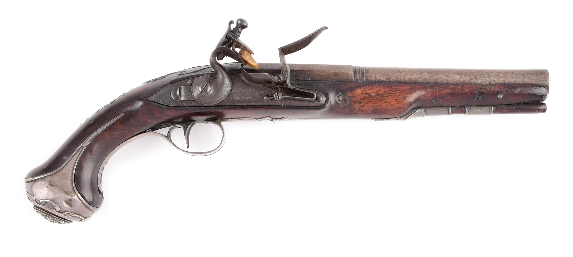 (A) SILVER MOUNTED ENGLISH FLINTLOCK OFFICERS PISTOL BY GRIFFIN & TOW.
