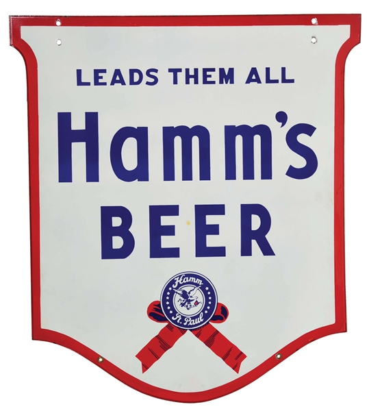 DOUBLE-SIDED DIE-CUT PORCELAIN SIGN ADVERTISING HAMMS BEER.