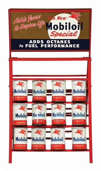 THE NEW MOBILOIL SPECIAL TIN SERVICE STATION DISPLAY RACK W/ SIGN & QUART CANS. 