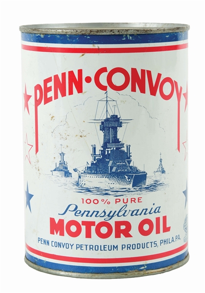 PENN CONVOY MOTOR OIL ONE QUART CAN W/ NAVAL SHIP GRAPHIC. 