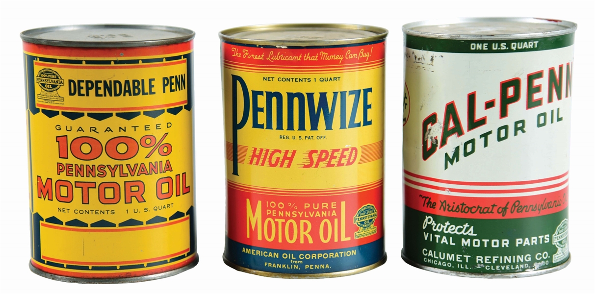 LOT OF 3: ONE QUART CANS FROM DEPENDABLE, PENNWIZE & CAL-PENN MOTOR OIL. 