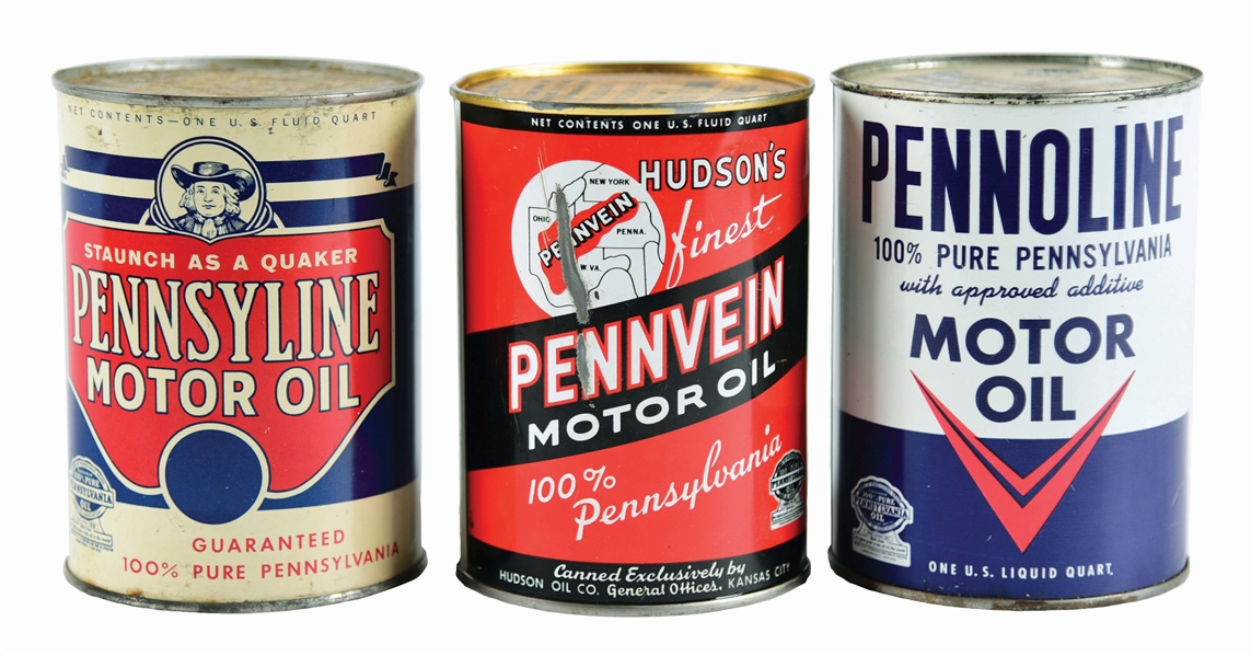 LOT OF 3: ONE QUART CANS FROM PENNVEIN, PENNSYLINE & PENNOLINE MOTOR OILS.