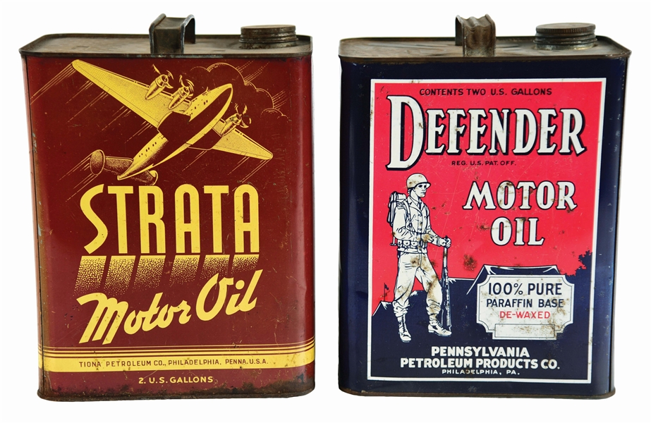 LOT OF 2: STRATA & DEFENDER MOTOR OIL TWO GALLON CANS.