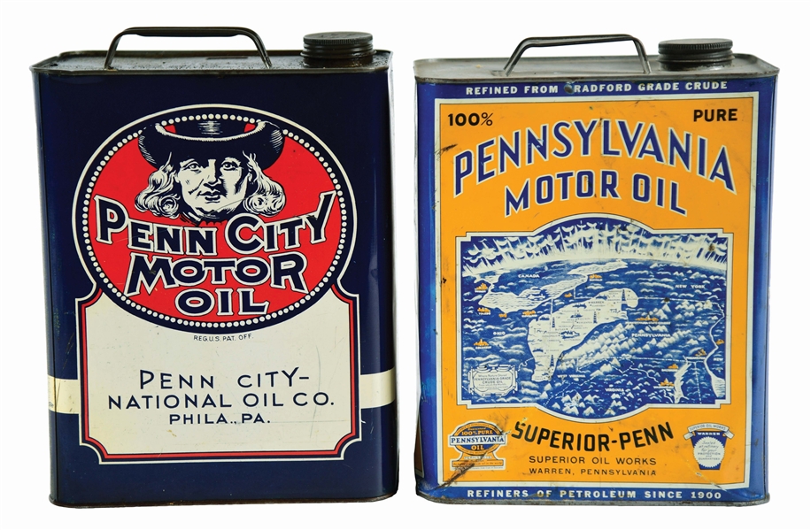 LOT OF 2: PENN CITY & SUPERIOR PENN MOTOR OIL TWO GALLON OIL CANS.