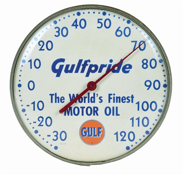 GULFPRIDE MOTOR OIL GLASS FACE SERVICE STATION THERMOMETER.