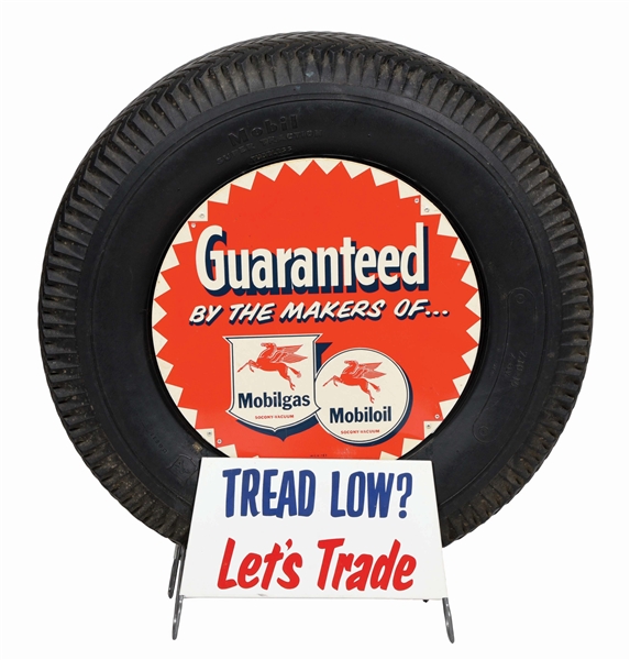 MOBIL TIRES SERVICE STATION TIN TIRE STAND W/ INNER TIRE TIN SIGN.