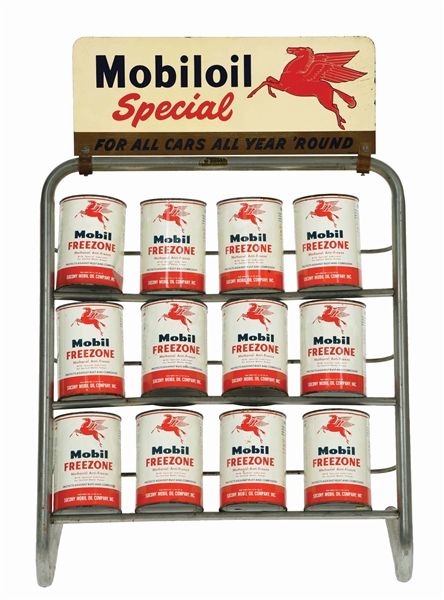 MOBILOIL SPECIAL ONE QUART CAN DISPLAY RACK W/ TIN TOPPER SIGN & CANS.