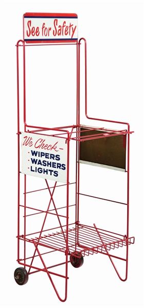 MOBIL SEE FOR SAFETY SERVICE STATION ATTENDANT PRODUCTS RACK.
