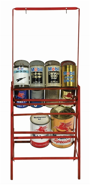 MOBIL MOTOR OIL SERVICE STATION ONE & FIVE QUART CAN RACK W/ FOURTEEN INDIVIDUAL MOBIL CANS.