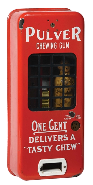 1¢ RED PORCELAIN PULVER GUM MACHINE WITH TIN YELLOW KID FIGURE.