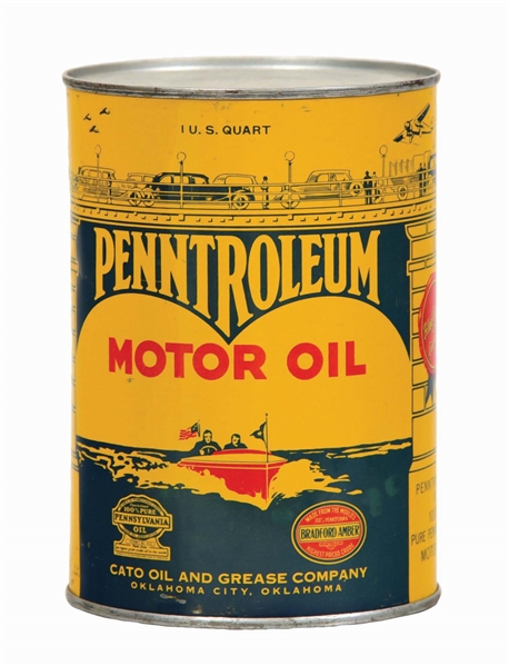PENNTROLEUM MOTOR OIL ONE QUART CAN W/ BOAT, CAR & AIRPLANE GRAPHICS. 