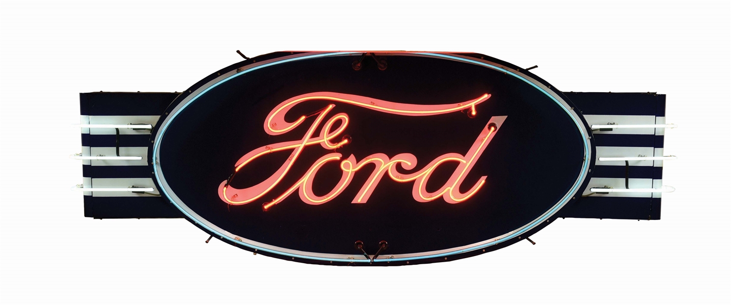 FORD MOTOR CARS PORCELAIN OVAL NEON SIGN W/ PORCELAIN WING ATTACHMENTS.