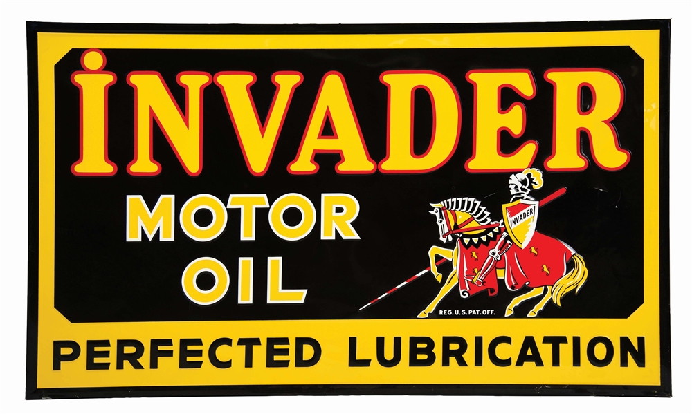 RARE & OUTSTANDING INVADER MOTOR OIL EMBOSSED TIN SIGN W/ KNIGHT GRAPHIC. 
