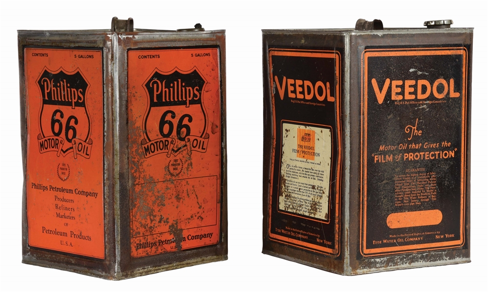 LOT OF 2: PHILLIPS 66 & VEEDOL MOTOR OIL FIVE GALLON SQUARE CANS.